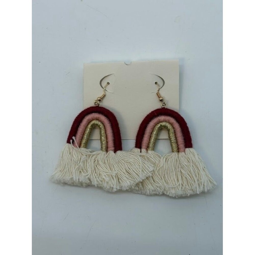 Handmade Rainbow‎ Earrings Dangle Maroon/Pink/Gold with Fringe